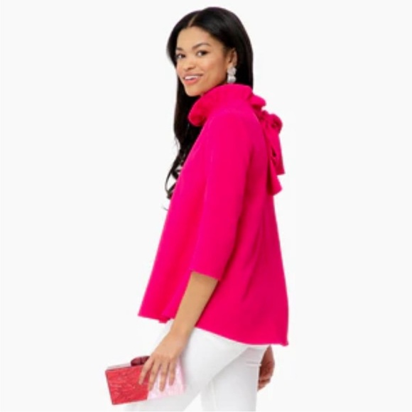 Tuckernuck Pomander Place Faye Fuchsia Pink Crepe Ruffled Neck Bow Top - XS - Picture 3 of 14